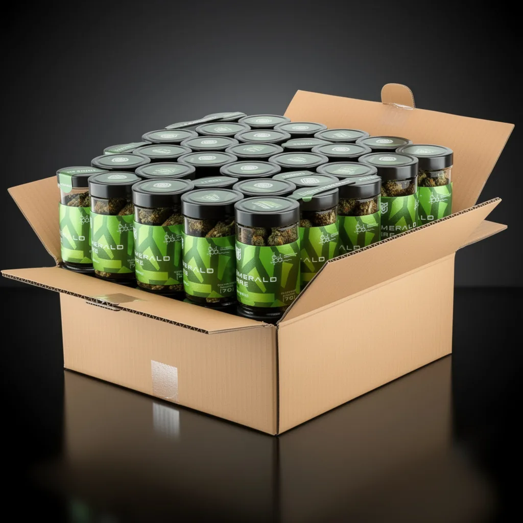 A case of Budbo Emerald Fire jars packed for wholesale